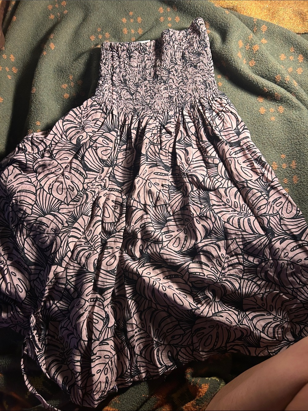 Strapless Smocked Leaf-Print Dress in Light Pink and Black
